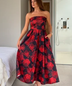 GIRL IN MIND DANNI STRAPLESS DRESS RED FLORAL PRINT