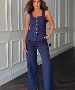 GIRL IN MIND JO PLEAT DETAIL TAILORED TROUSERS NAVY