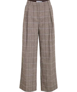 VILA CELIN WIDE TAILORED TROUSERS IN BIRCH / BROWN CHECK