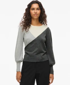 VILA KERRY KNIT TOP IN DARK GREY / LIGHT GREY / WHITE