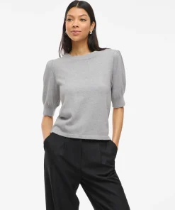 VILA RIL SHORT SLEEVE KNIT TOP IN LIGHT GREY MELANGE