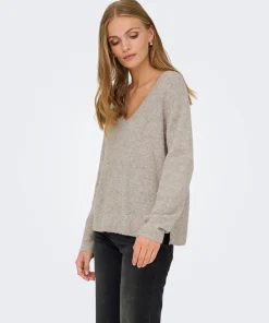 JDY SANDRINE V-NECK PULLOVER KNIT IN GREIGE MELANGE