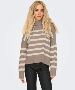 ONLY BARI HIGHNECK KNIT TOP IN FUNGI / BIRCH STRIPE