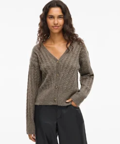 VILA RELLI V-NECK CABLE KNIT CARDIGAN IN FALCON MELANGE