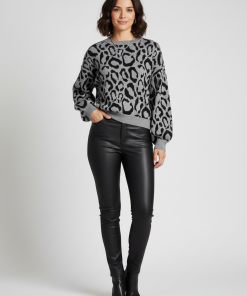 VILA TIP JACQUARD JUMPER IN GREY LEOPARD