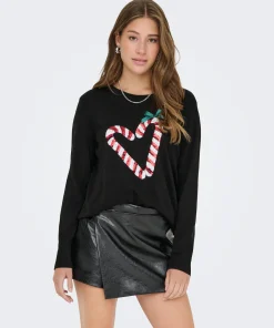 ONLY XMAS SHINE JUMPER IN BLACK / CANDY CANE HEART