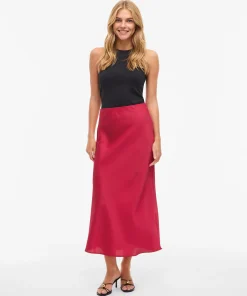 VILA ELLETTE HIGH WAIST SATIN MIDI SKIRT IN JAZZY RED