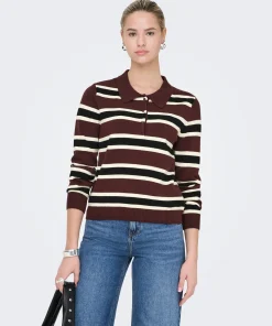 ONLY LONDON POLO KNIT TOP IN FUDGE/BLACK / CREAM STRIPE