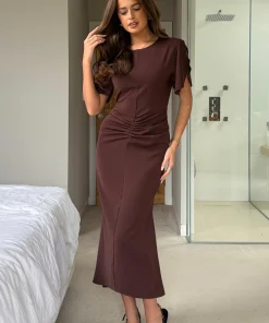 GIRL IN MIND CLEO RUCHED DETAIL MIDI DRESS IN BROWN COLOUR