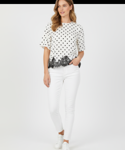 VILA DOTA 2/4 LACE TOP IN CREAM / BLACK POLKA DOT