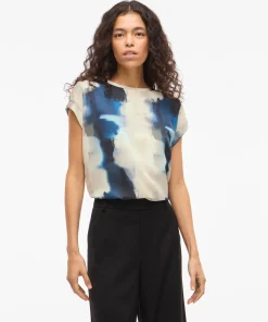 VILA ELLETTE BEIGE SATIN TOP IN NAVY/GREEN PRINT