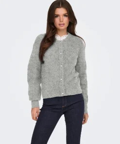 JDY LUMI PEARL BUTTON CARDIGAN IN MEDIUM GREY MELANGE