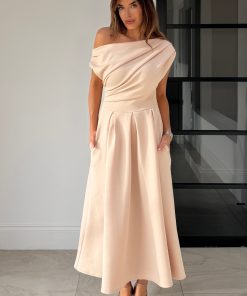 GIRL IN MIND BETTY ASSYMETRIC NECKLINE MIDI DRESS IN CREAM