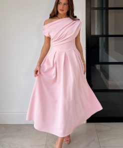 GIRL IN MIND BETTY ASSYMETRIC NECKLINE MIDI DRESS IN PINK