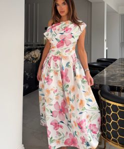 GIRL IN MIND BETTY ASSYMETRIC NECKLINE MIDI DRESS IN WHITE WITH FLORAL PRINT