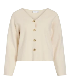 VILA CASSIE V-NECK CARDIGAN IN BIRCH WITH GOLD BUTTONS