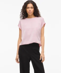 VILA ELLETTE SATIN TOP IN CHERRY BLOSSOM PINK