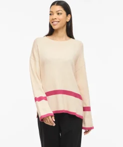 VILA RIL OVERSIZED KNIT TOP IN LIGHT NATURAL WITH ANEMONE PINK STRIPES