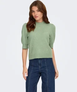 JDY RUE 2/4 SLEEVE PEARL DETAIL PULLOVER IN HEDGE GREEN