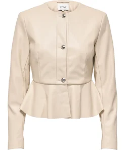 ONLY VERONA FAUX LEATHER PEPLUM JACKET IN PEYOTE
