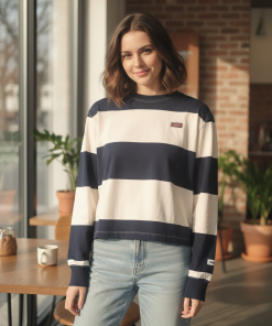 SUPERDRY ATHLETIC ESSENTIAL STRIPE SLOUCHY CREW IN NAVY