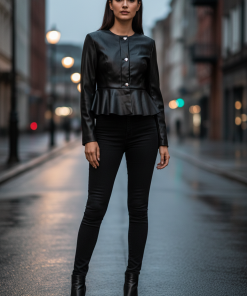 ONLY VERONA FAUX LEATHER PEPLUM JACKET IN BLACK