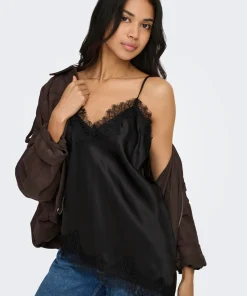 ONLY BELLA SATIN STRAP TOP IN BLACK