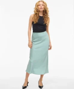 VILA ELLETTE HIGH WAIST SATIN MIDI SKIRT IN BLUE SURF