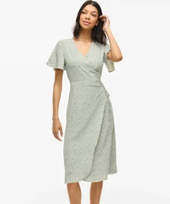 VILA LOVIE WRAP MIDI DRESS IN SAGE GREEN