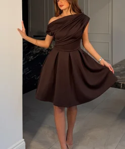 GIRL IN MIND BETTY ASYMETRIC NECKLINE SKATER MINI DRESS IN BROWN