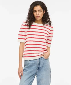 VILA DALO SHORT SLEEVE KNIT TOP IN WHITE / RED STRIPE