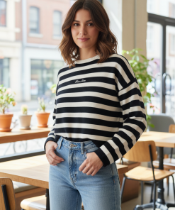GUESS STRIPED SWEATER IN CREAM / BLACK