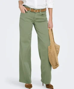 ONLY MADISON LOW RISE WIDE LEG TROUSERS IN OIL GREEN