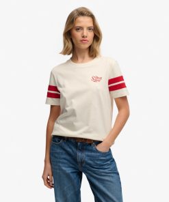 SUPERDRY VARSITY STRIPE SCRIPT TEE IN CREAM / RED