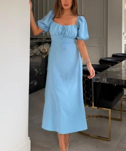 GIRL IN MIND JEMIMA SQUARE NECK MIDI DRESS IN BLUE