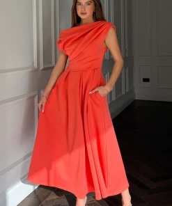 GIRL IN MIND BETTY ASYMETRIC MIDI DRESS IN CORAL