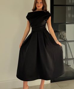 GIRL IN MIND BETTY ASYMMETRIC NECKLINE MIDI DRESS IN BLACK