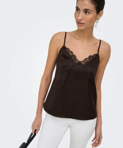 ONLY FARAYA  LACE SATIN STRAP TOP IN CHOCOLATE TORTE
