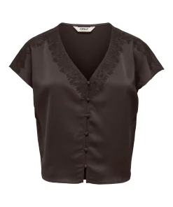 ONLY FARAYA LACE SATIN BUTTON TOP IN CHOCOLATE TORTE