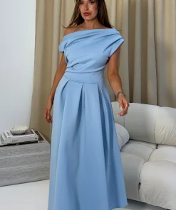 GIRL IN MIND BETTY ASYMMETRIC NECKLINE MIDI DRESS IN BABY BLUE
