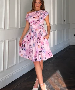 GIRL IN MIND BETTY ASYMETRIC NECKLINE SKATER MINI DRESS IN FLORAL LILAC