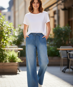 ONLY ARIA WIDE LEG STRING PULL UP DENIM PANTS