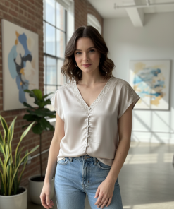 ONLY FARAYA LACE SATIN BUTTON TOP IN OATMEAL