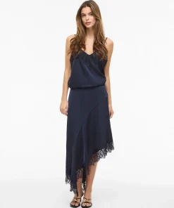 VILA LEA HIGH LOW LACE SKIRT IN NAVY