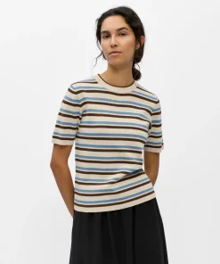 OBJECT ESTER SHORT SLEEVE KNIT PULLOVER IN SAND / BLUE / BROWN STRIPE