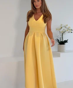 GIRL IN MIND BETHANY V NECK SKATER MIDI YELLOW