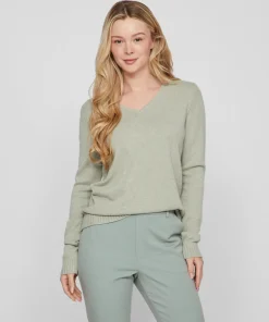 VILA RIL V-NECK KNIT IN GREEN MELANGE