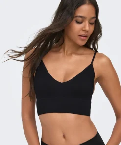 ONLY VICKY RIBBED SEAMLESS V-NECK TOP IN BLACK