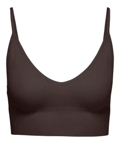 ONLY VICKY RIBBED SEAMLESS V-NECK TOP IN DARK BROWN