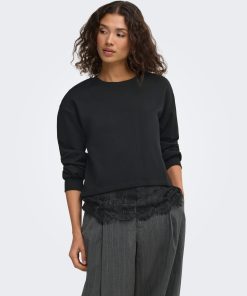 ONLY MIMI LACE DETAIL SWEAT TOP IN BLACK